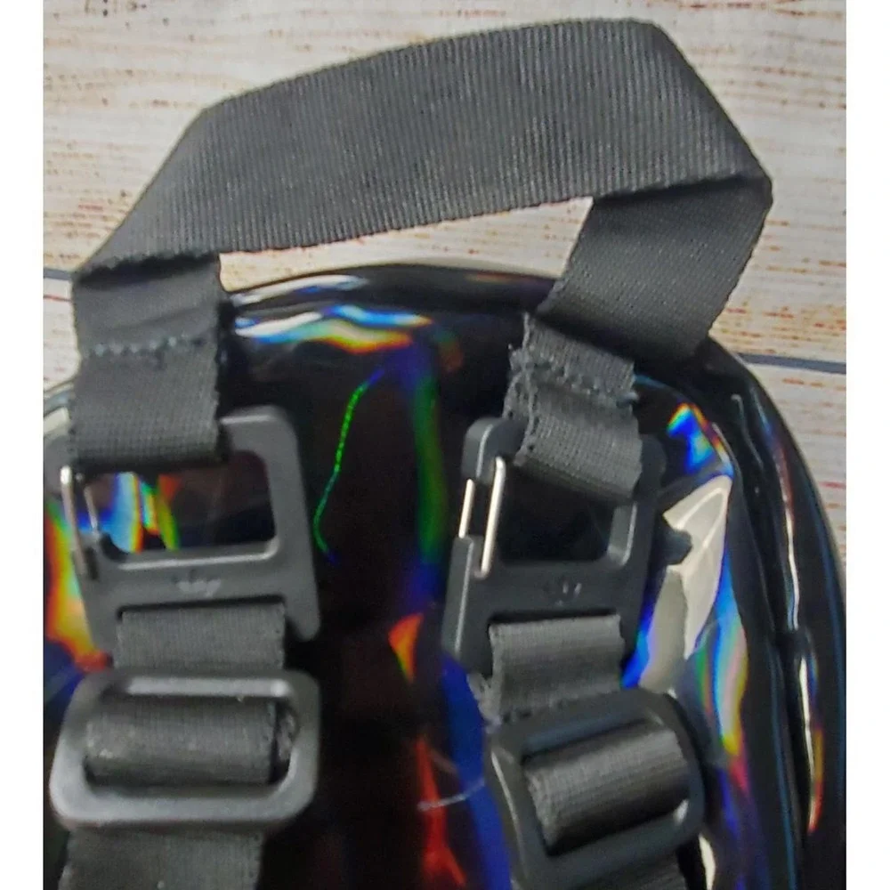 Adidas Originals Mini Backpack Iridescent Black Holographic 3 Stripes Trefoil - Picture 3 of 4